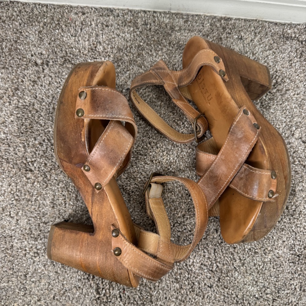 Bed Stu Kalah Tan Leather Platform Sandals Wooden Chunky Heel Clog Pump 7.5 Boho - Picture 4 of 8